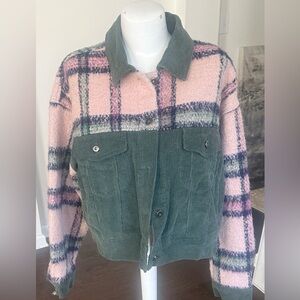 Entro Green Cream Plaid Button Down Jacket L
